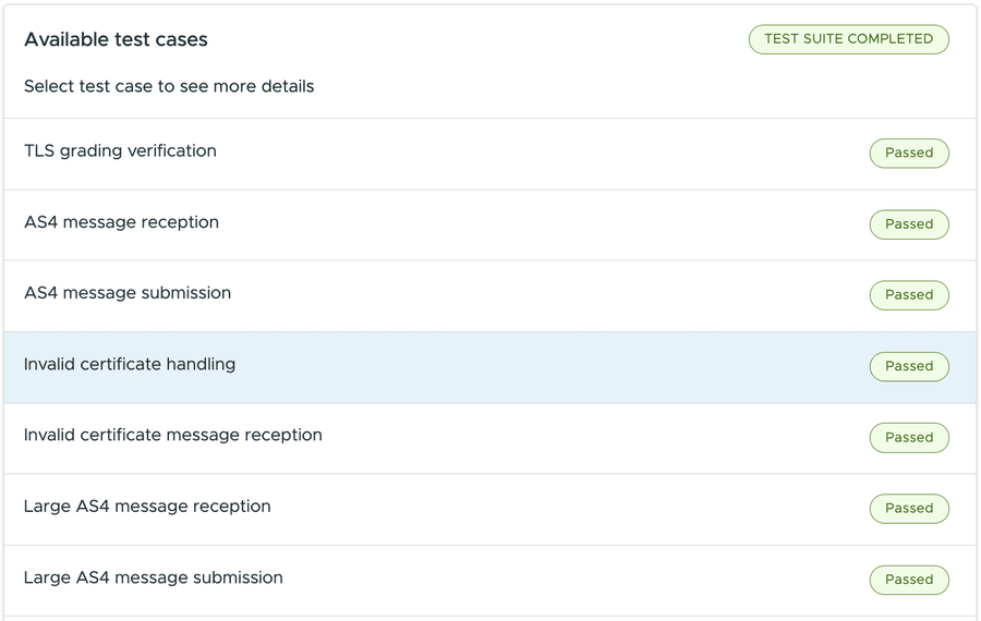OpenPeppol Testbed: eDelivery: standalone access point, test suite completed, 7 of 7 test cases passed