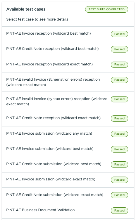 OpenPeppol Testbed: PINT AE Billing and AE TDD 1.0.4, test suite completed, 12 of 12 test cases passed