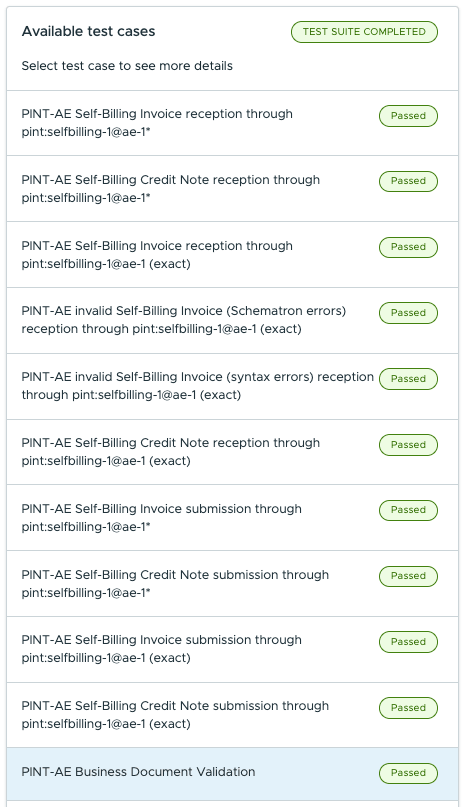 OpenPeppol Testbed: PINT AE Self-Billing 1.0.4, test suite completed, 11 of 11 test cases passed